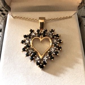 NIB Diamond and Sapphire Heart Pendant 18k Over Sterling Silver Necklace